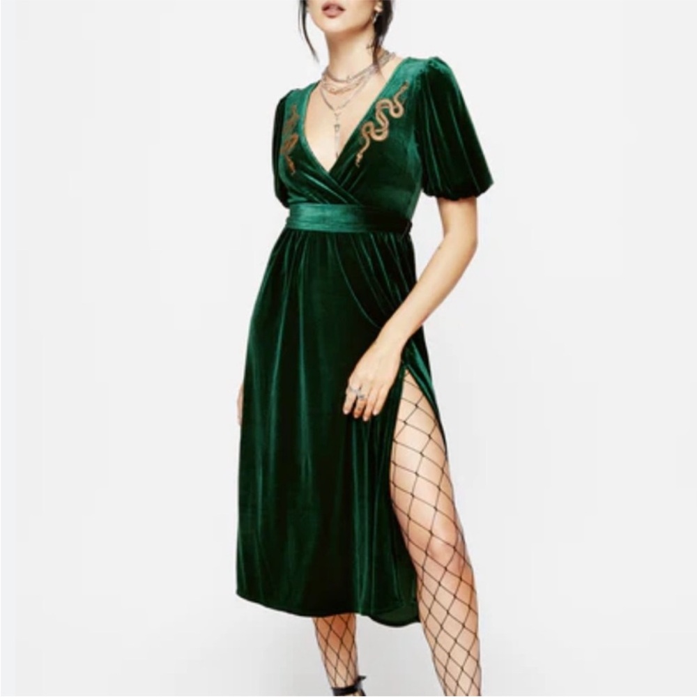 Disturbia Zarina Snake Appliqué Dark Green Velour Midi Dress size 12